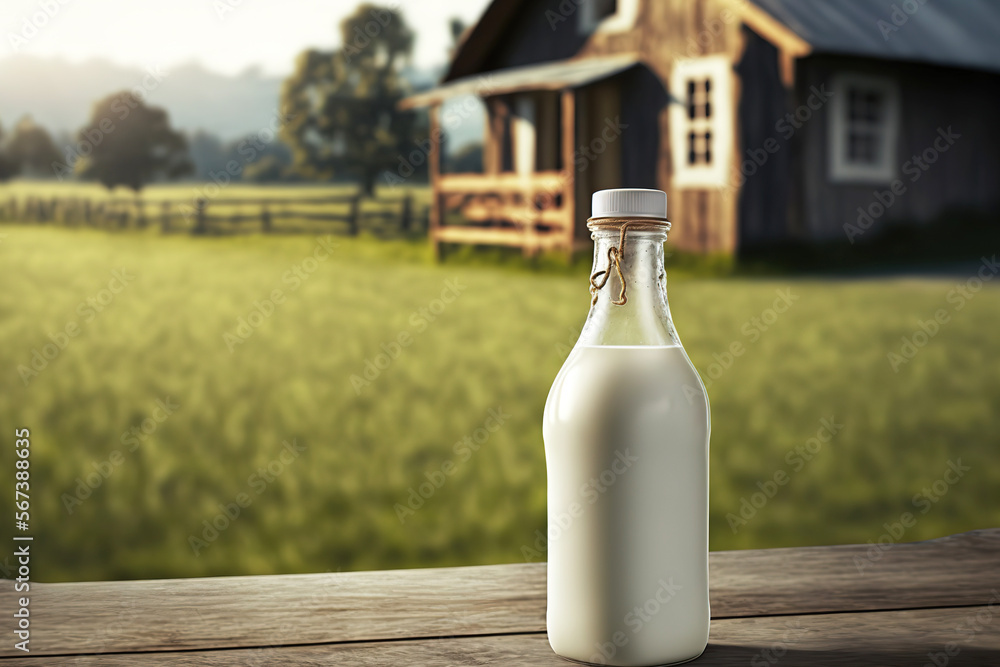 A daily milk bottle is placed on wooden table with the farming in morning environment as background. Generative Ai image.
A daily milk bottle is placed on wooden table with the farming in morning environment as background. Generative Ai image.