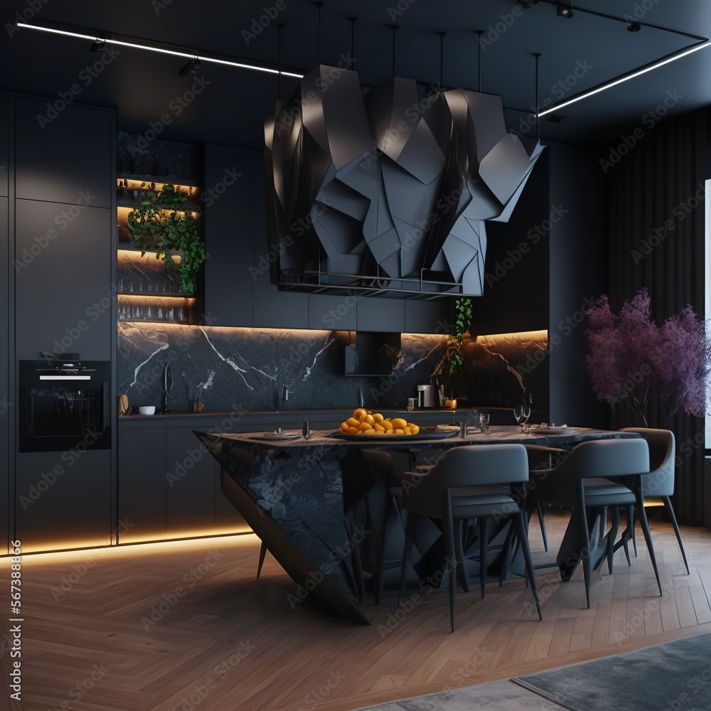 Modern contemporary luxury interior design, a combination of dark wall color and furniture . 3d rendering of the dining room, generative AI - obrazy, fototapety, plakaty 