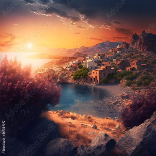 Beautiful Greek island in the evening with an ancient village and Mediterranean sunset landscape