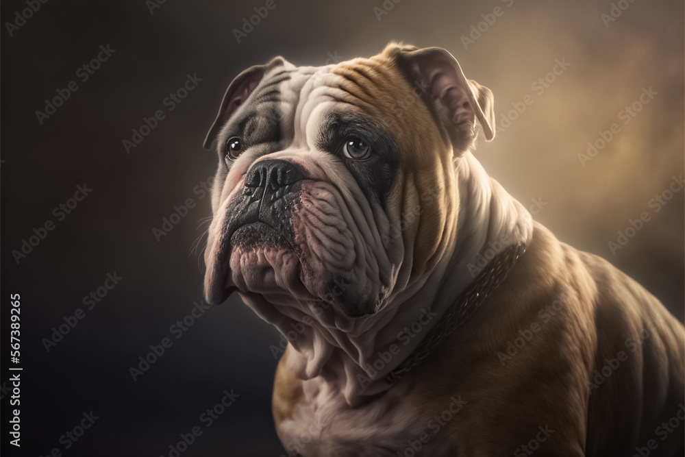 Portrait photo of an adorable BullDog dog. BullDog closeup view. Confident purposeful Dog looking left. A beautiful dog photo for advertises. generative AI
