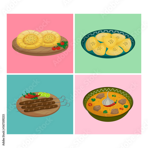 Set of dishes of Caucasian cuisine. Traditional Asian food. Fast food, street food. Vector illustration. Cartoon.