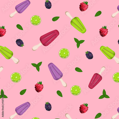 Bright pattern with fruit and Mexican Paletas ice cream on a pink background. Cool summer Latin American dessert with berries. Vector illustration. Cartoon.