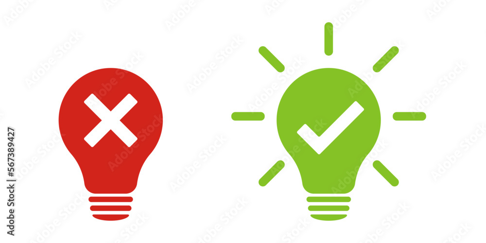 Fototapeta premium Bulb icon with check mark and cross. Illustration