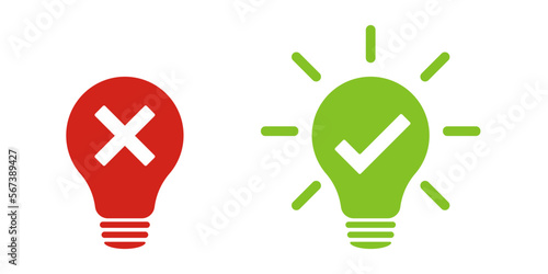 Bulb icon with check mark and cross. Illustration