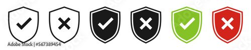 Shield with checkmark and cross. Internet protection symbol. Set of illustrations