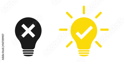 Bulb icon with check mark and cross. Illustration photo