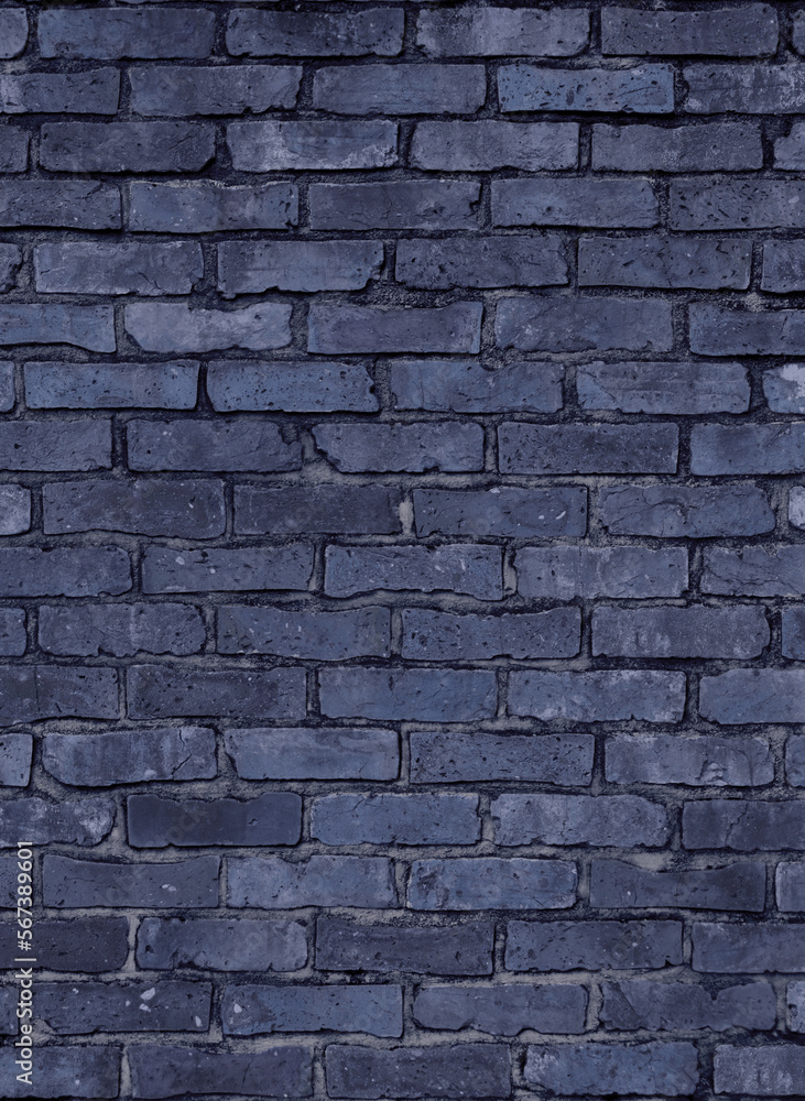 濃い色の目地がおしゃれな、ネイビーブルー煉瓦の壁	
