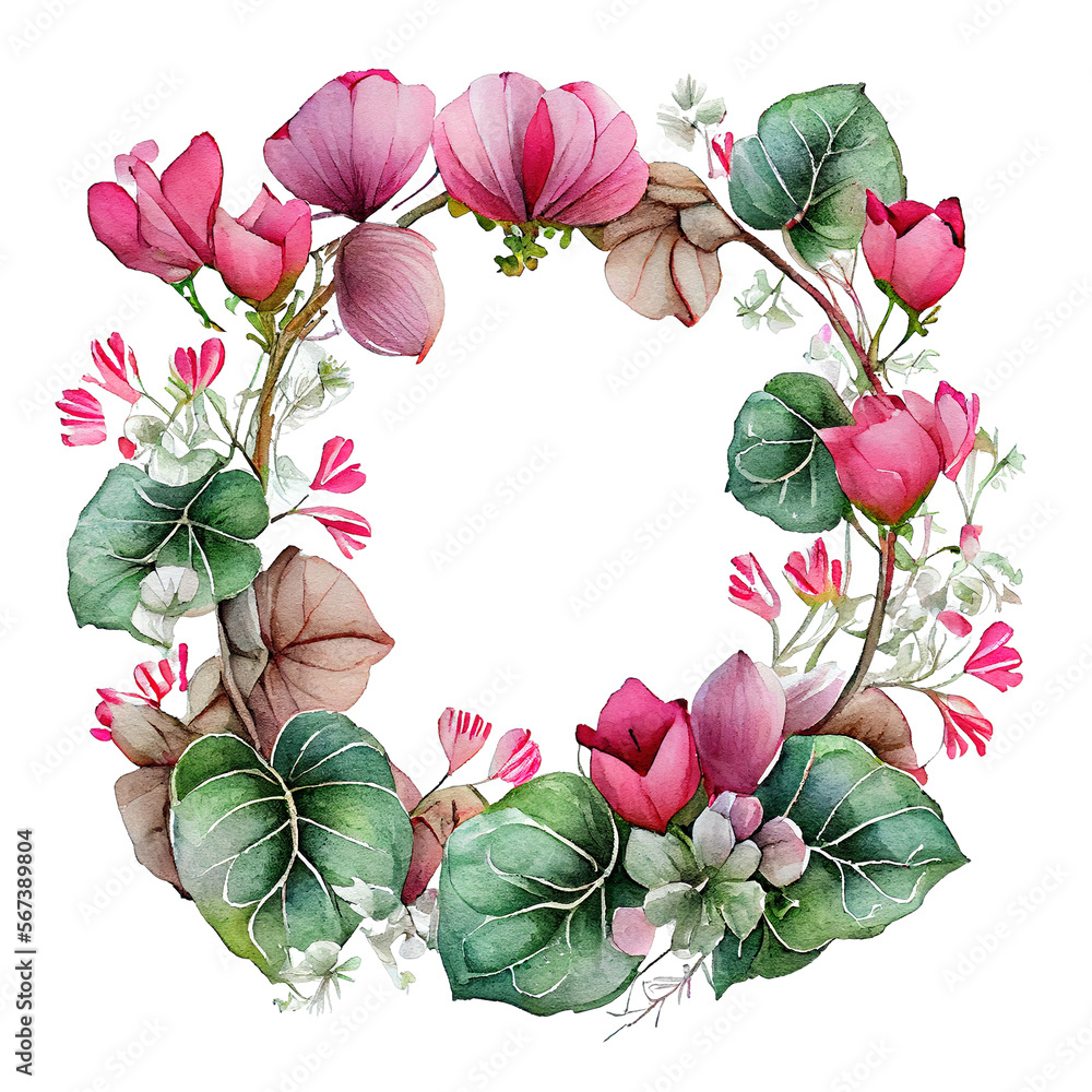 Fototapeta premium Wreath valentine with cyclamen . Transparent background. Generative AI