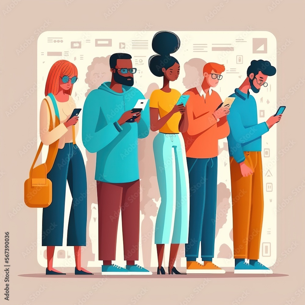 Fototapeta premium paint of a crowd of people staring at a phone. Generative AI