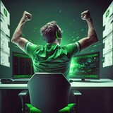 Professional eSports gamer rejoices in the victory in green blue illuminated game room, the winner, the joy of winning, generative AI, 