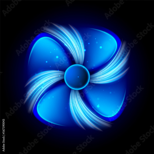 Fan icon with air or water currents. Propeller with air waves flow. Ventilator refrigeration, air conditioning, climate control. Air ventilation.