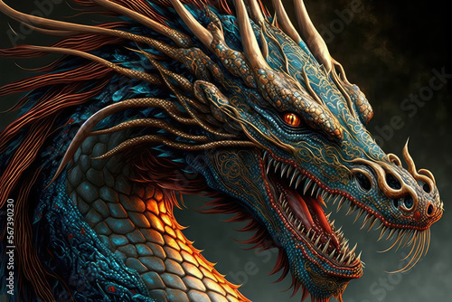 portrait view fo  Chinese colorful dragon. 3d illustration. (ai generated)