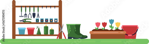 Gardening tool storage. Color farming equipment icons