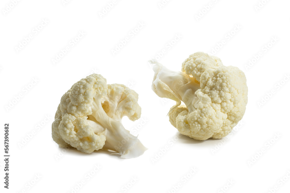 Two pieces or florets of cauliflower, ingredient for healthy cooking with vegetables, isolated on a white background, copy space