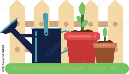 Seedlings in pots and watering can outdoors. Growing plants