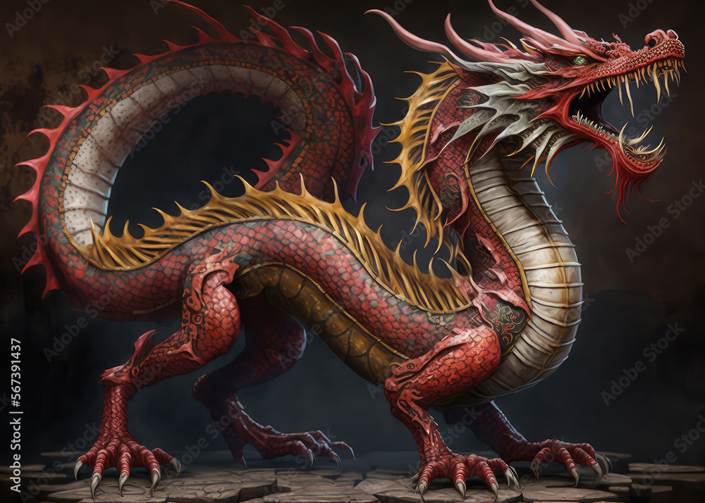 Red chinese dragon standup on the rock. realistic 3d illustration. (ai generated) Red chinese dragon standup on the rock. realistic 3d illustration. (ai generated)