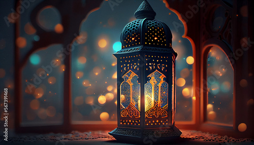 Lantern lamp in the night on arch window sill in mosque. Ramadan Kareem concept. Generative AI