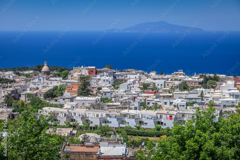 Above Ana Capri city cliffs and marina with boats and yacht, amalfi coast, Italy