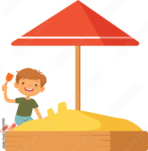 Boy playing in sandbox. Happy kid character outdoors