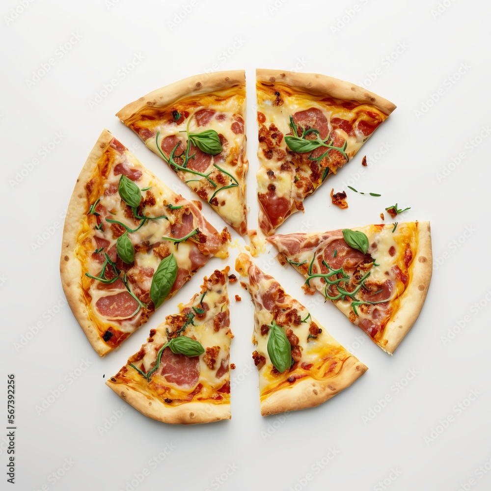 Top view bacon pizza with basil and cheese on white background Top view bacon pizza with basil and cheese on white background