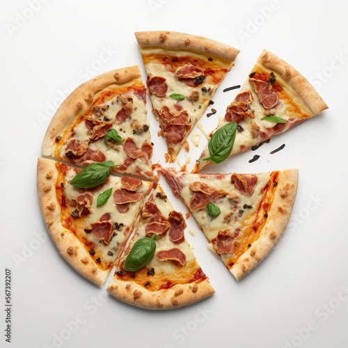 Bacon pizza with basil and cheese on white background