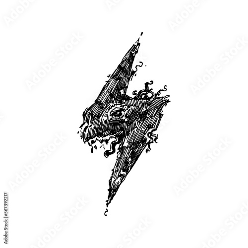 Hand drawn magic illustration with lightning thunderstorm geometric drawing. Graphic art tattoo sign, ready to use.