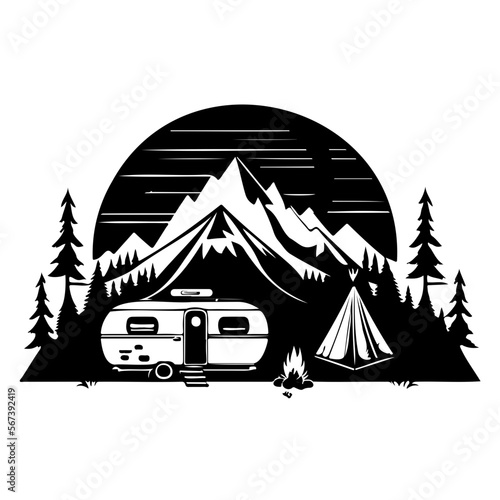 camper camp camping site with mountains and tree, camping in the woods, campsite with trailer landscape in retro style, svg file.
