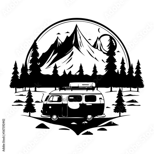 camper camp camping site with mountains and tree, camping in the woods, campsite with trailer landscape in retro style, svg file.