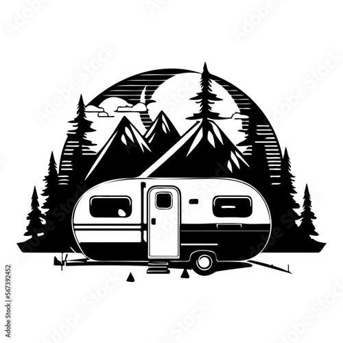 camper camp camping site with mountains and tree, camping in the woods, campsite with trailer landscape in retro style, svg file.