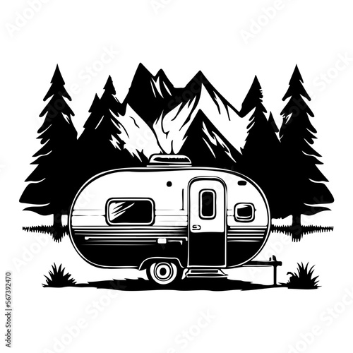 camper camp camping site with mountains and tree, camping in the woods, campsite with trailer landscape in retro style, svg file.