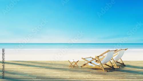 Φωτογραφία Beach lounge chair on white beach sunset sea view - 

3D rendering