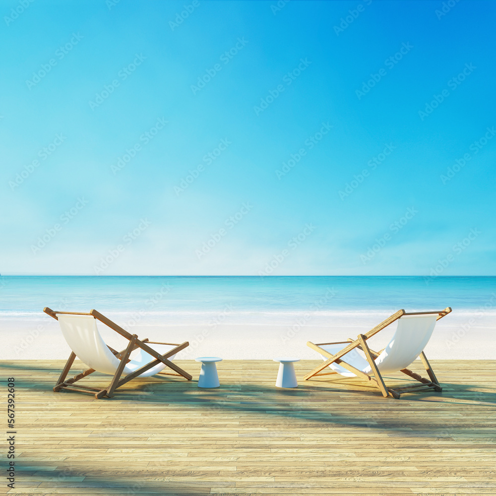 Beach lounge chair on white beach sunset sea view -
3D rendering Beach lounge chair on white beach sunset sea view -
3D rendering