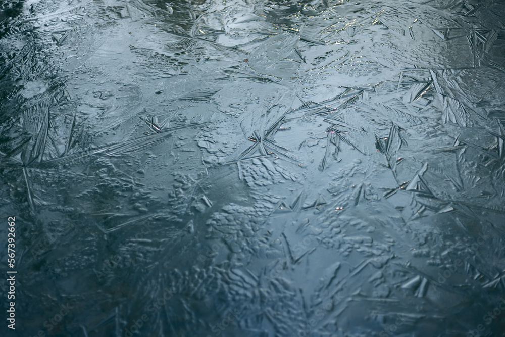 Beautiful blue and green ice patterns on frozen water with reflections of trees and the sky.