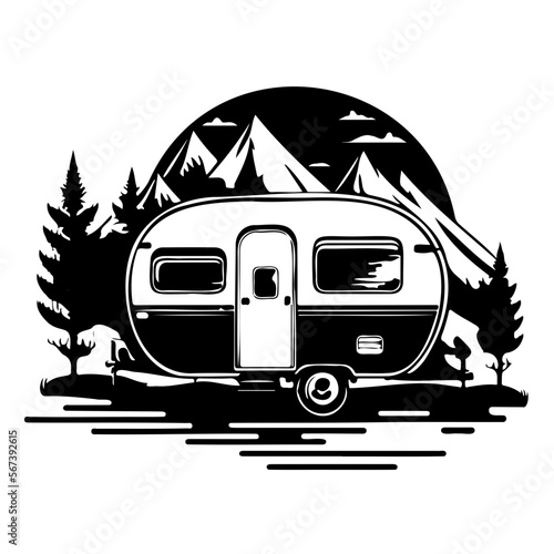 camper camp camping site with mountains and tree, camping in the woods, campsite with trailer landscape in retro style, svg file. © Asman