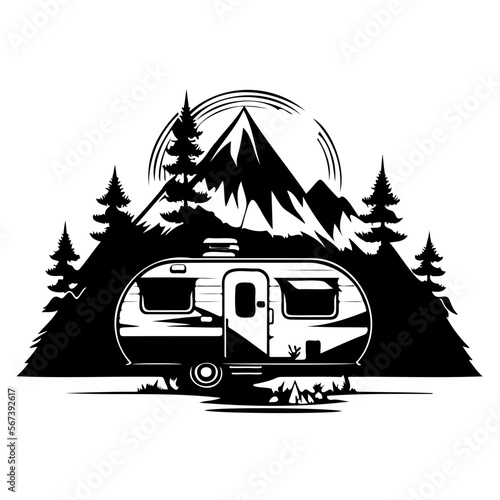 camper camp camping site with mountains and tree, camping in the woods, campsite with trailer landscape in retro style, svg file.