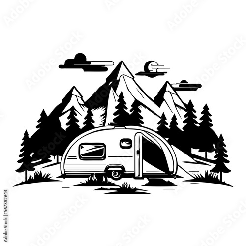 camper camp camping site with mountains and tree, camping in the woods, campsite with trailer landscape in retro style, svg file.
