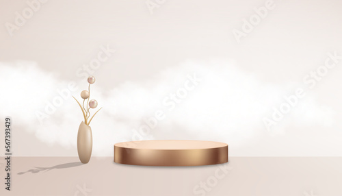 3D Product background with podium and flowers ball in vase,Backdrop Background Beige color with clouds on wall Room,Vector studio scene with stand for product presentation Spring,Summer,Mother Day 