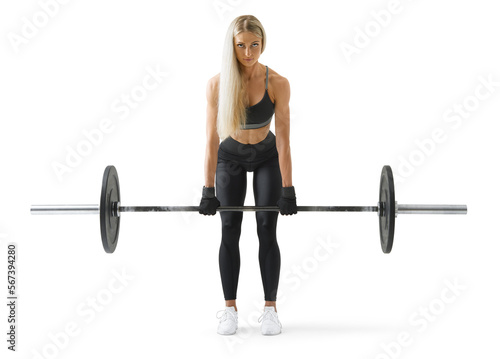 Muscular young woman doing squats with barbell. Confident young blonde woman doing workout in gym Powerful attractive woman
