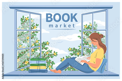 Book market. Woman reading book and sitting at the spring window. Layout design for bookstore, library, bookshop or education. Vector illustration
