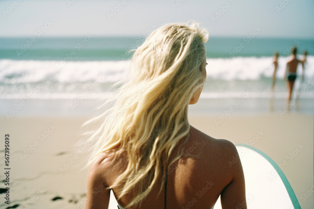 Hermosa mujer rubia en la playa con una tabla de surf. Persona no real, IA generativa Hermosa mujer rubia en la playa con una tabla de surf. Persona no real, IA generativa