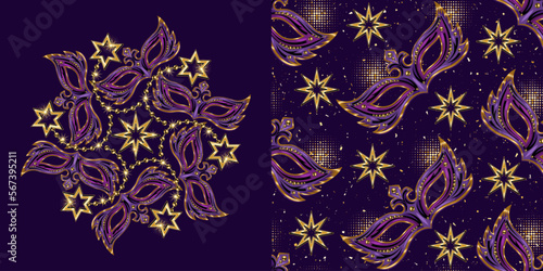 Set of round ornament, seamless pattern for Carnival decoration. Masquerade mask, golden stars, glittering halftone shapes on dark textured background. For prints, clothing, t shirt, holiday goods