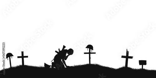 Crying soldier on war cemetery. Black silhouette of battle scene. Panorama with warrior graves, crosses and tombstones. Memorial Day background