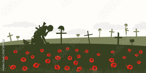 Crying soldier on war cemetery. Silhouette of battle scene. Warrior graves, crosses and tombstones on poppyes field background. Remembrance Day poster.