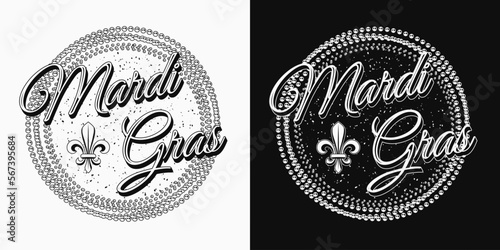 Round black and white carnival Mardi Gras pattern with intertwined strands of beads, fleur de lis symbol, text. For prints, clothing, plate, apparel, t shirt, surface design