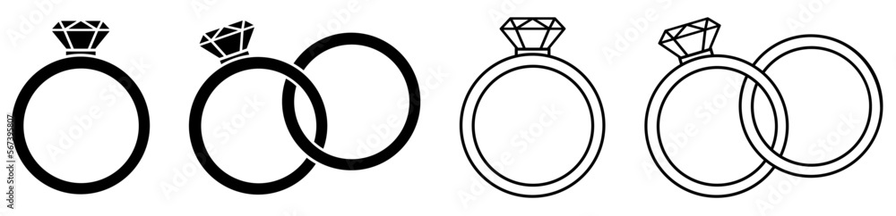 Wedding ring set icon. Silhouette and outline vector illustration isolated on white background. Jewelry and marriage vector image. Gemstone rings. Wedding ring set icon. Silhouette and outline vector illustration isolated on white background. Jewelry and marriage vector image. Gemstone rings.