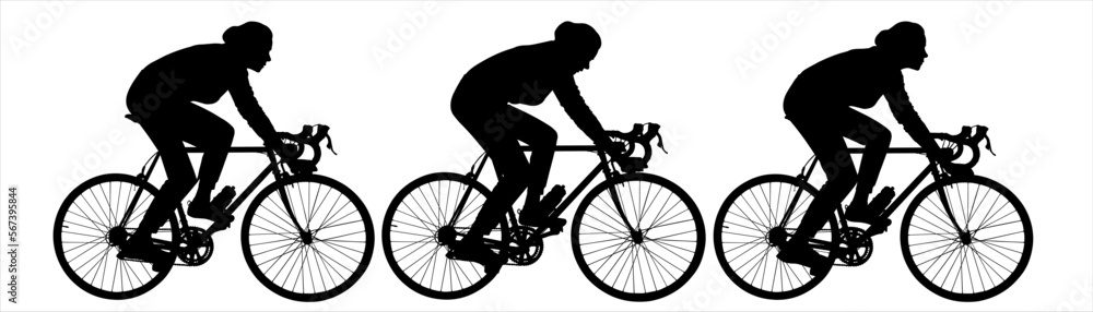 Fototapeta premium Cycling at the velodrome. Bike. Biker. A group of cyclists riding bicycles. Cycling. Woman, a girl with a bicycle. Side view, profile. Three black female silhouettes are isolated on a white background
