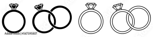 Wedding ring set icon. Silhouette and outline vector illustration isolated on white background. Jewelry and marriage vector image. Gemstone rings. photo