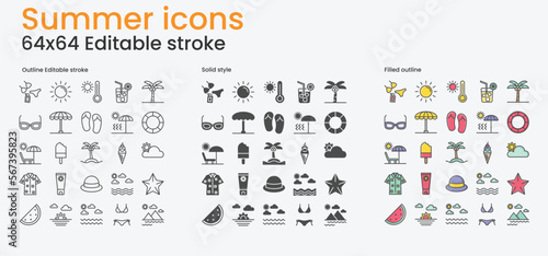 Summer icons set. 64x64 editable stroke