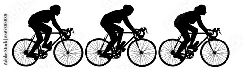 Cycling at the velodrome. Bike. Biker. A group of cyclists riding bicycles. Cycling. Woman, a girl with a bicycle. Side view, profile. Three black female silhouettes are isolated on a white background