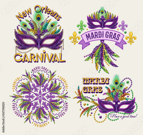 Set of 4 colorful labels with text for carnival Mardi Gras decoration in vintage style on white background. For prints, clothing, t shirt, holiday goods, stuff, surface design.